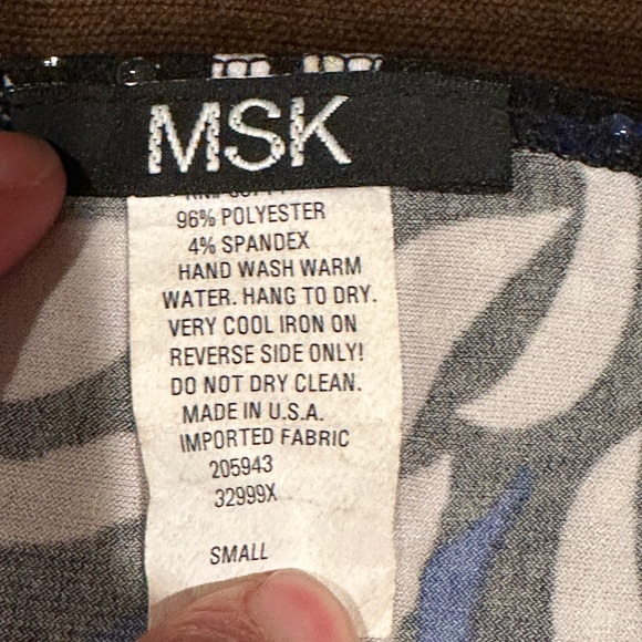 MSK Wrap Top Look Blue white black Floral Print. Black Beaded waist Fringe Sz S - Picture 10 of 13